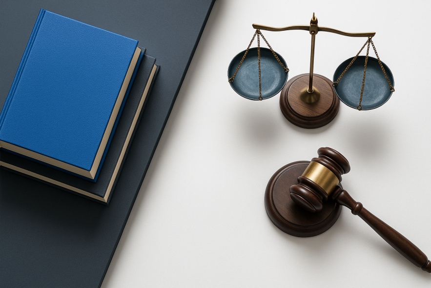 Modern law office, legal books and scales